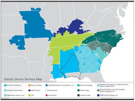Map of utilities involved in SEEM discussions, courtesy of Charlotte Business Journal